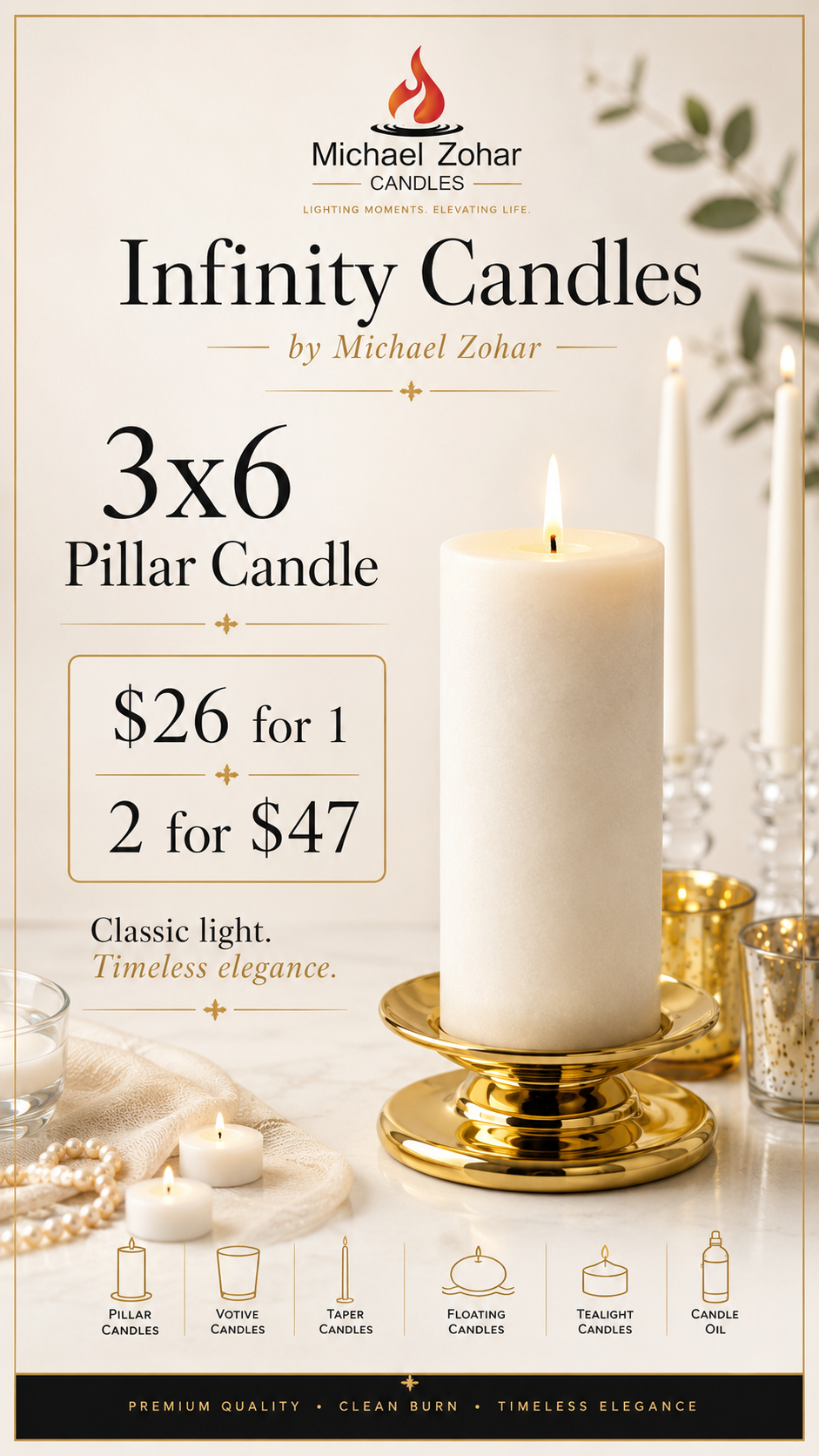 Signature Classic pillar candle — unlabeled white pillar, pure flame