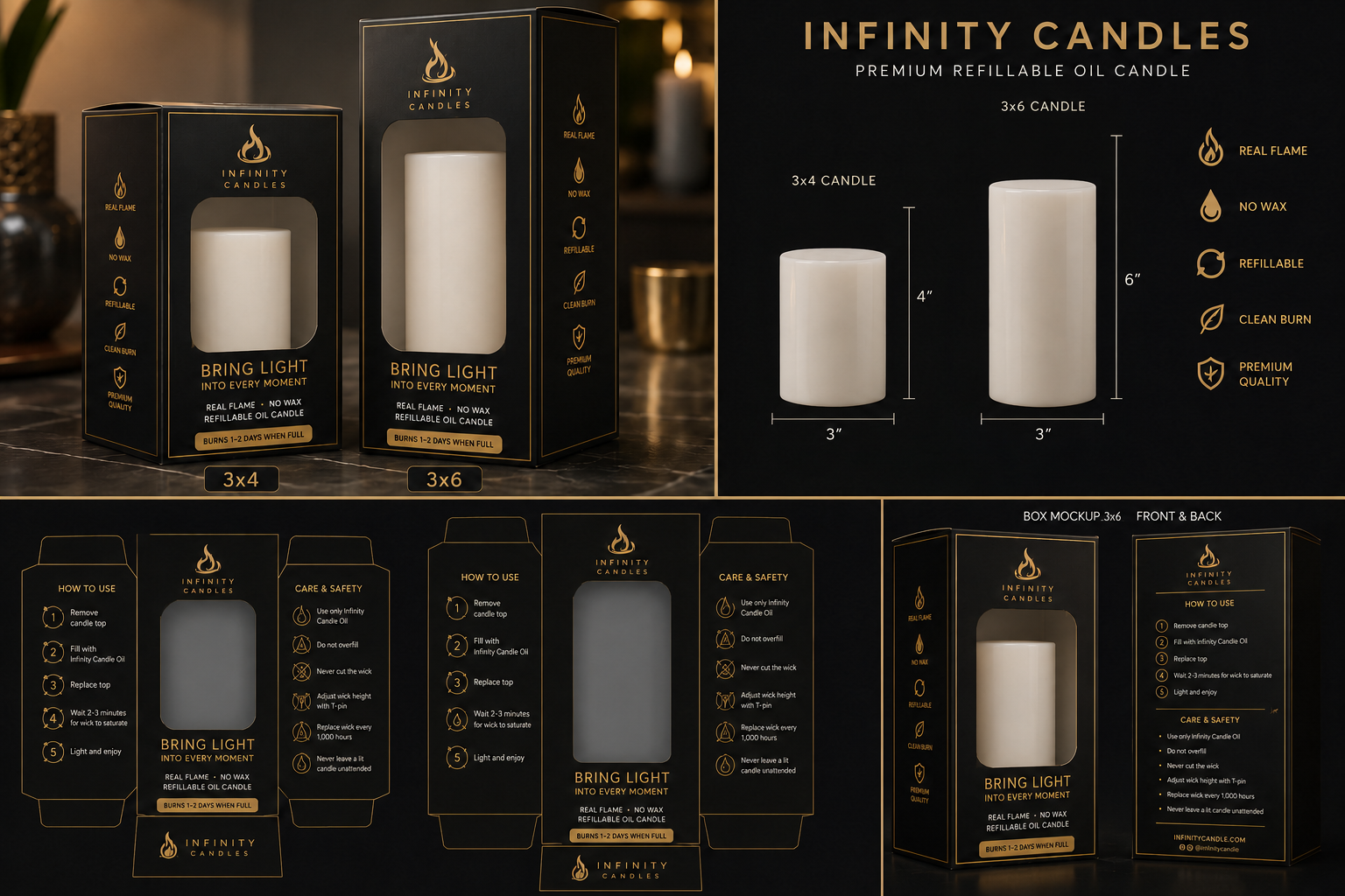 Infinity Candles product packaging — refillable oil candle box showing how to use instructions