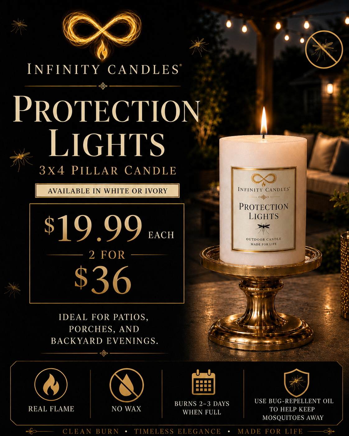 Protection Lights 3×4 pillar candle — outdoor mosquito repellent candle
